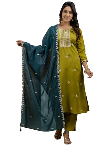 Image of VredeVogel Women's Silk Blend Embroidered Kurta with Pant & Dupatta Set | Modern & Traditional Blend Ethnic Wear | Festive & Casual Outfit