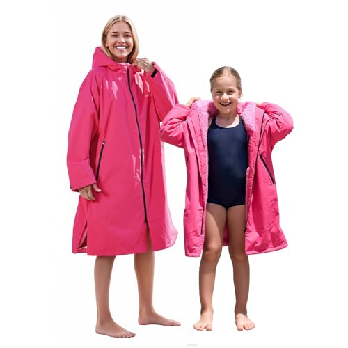 Owntop Waterproof Changing Robe for Adults - Windproof Hooded Coat with Soft Warm Sherpa Fleece Lining | Custom Velcro Patch | Oversized Dry Swimming Robe for Surf and Beach (Pink,L)