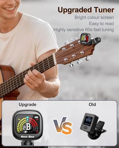 Image of New bee Guitar Tuner Rechargeable, Color Screen Clip On Tuner (Black, 2 Pack) | 360 Rotatable, Fast & Accurate Chromatic Tuning, for Guitar, Bass, Ukulele, Violin, Cello