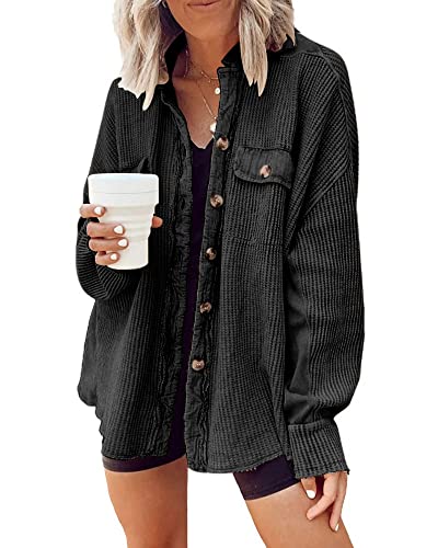 utcoco Women's Casual Waffle Knit Shacket Jacket Loose Fit Long
