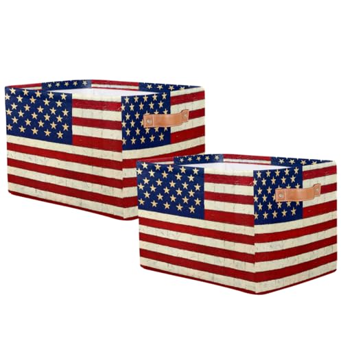 Image of Usa Flag Storage Baskets for Organizing, Fabric Collapsible Storage Bins Box Vintage American Flag Decorative Toy Organizer Baskets for Closet Shelves Gift Basket 2Pcs
