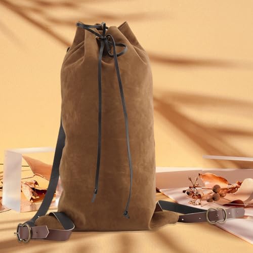 Image of GORGECRAFT Medieval Drawstring Backpack Vintage Fibre Viking LARP Renaissance Bag with PU Leather Straps and Alloy Clasps Portable Pouch for Outdoor Activities Cosplay Gym Workout Swim Beach 18x10.8in
