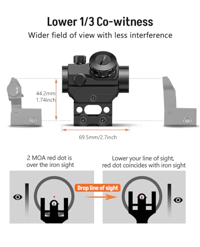 MidTen 2MOA Red Dot Sight 1x25mm Reflex Sight Waterproof & Shockproof & Fog-Proof Red Dot Scope with 1 inch Riser Mount