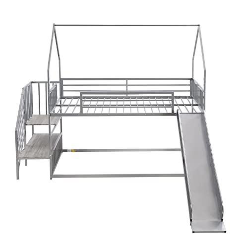House Bunk Bed Twin Over Twin, Low Bunk Bed With Slide And Storage Stairs, Heavy-Duty Metal Playhouse Bunk Bed Frame For Kids Boys Girls Teens, Silver #TOP6
