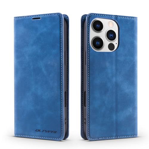 Etui pour iPhone 16 Pro Max QLTYPRI Housse Cuir PU Bleu avec Porte-Cartes et Support