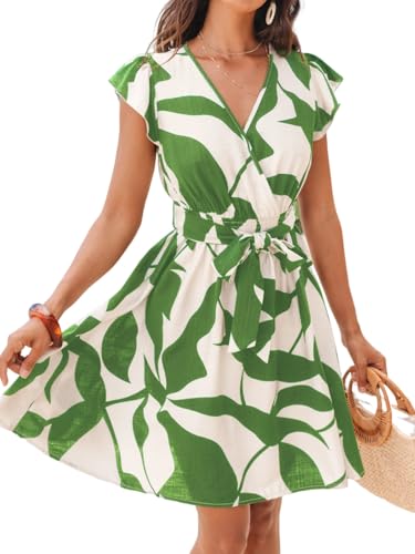 CUPSHE Damen Sommerkleid Blumenmuster Wickelkleid V-Ausschnitt Kurzarm Kleider Gesmokt Taille Rüschen Freizeitkleider Strand Mini Dress