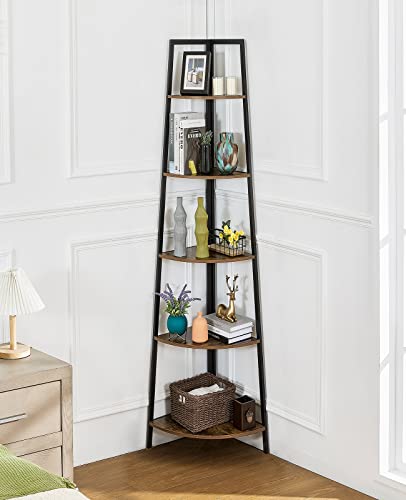 Pshelfy 5-Tier Corner Shelf, Rustic Corner Bookshelf Bookcase Multipurpose Corner Ladder Shelf Plant Stand For Living Room, Kitchen, Home Office Small Space (Brown) #TOP2