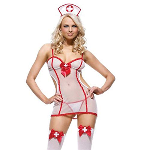 HIZQ Femmes Lingerie Sexy Tentation Jeu De Rôle Babydoll Infirmière Uniforme en Dentelle Uniformes D'infirmière Bondage Cosplay Costumes Jarretières Nurse Cosplay Costume Set,3,M