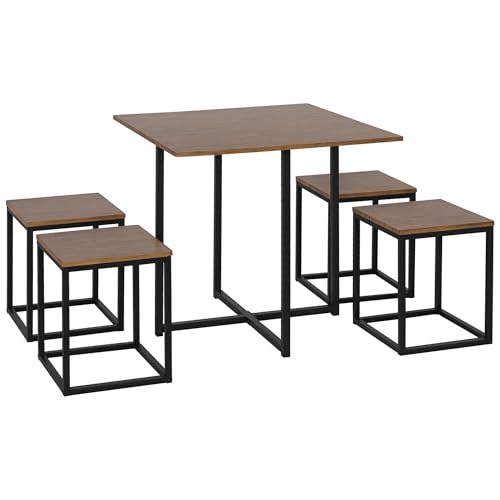 HOMCOM 5 Piece Dining Table and Chairs Set 4, Industrial Space Saving Table and Chairs with Metal Frame, Square Kitchen Table and Stools for Dining Room, Brown