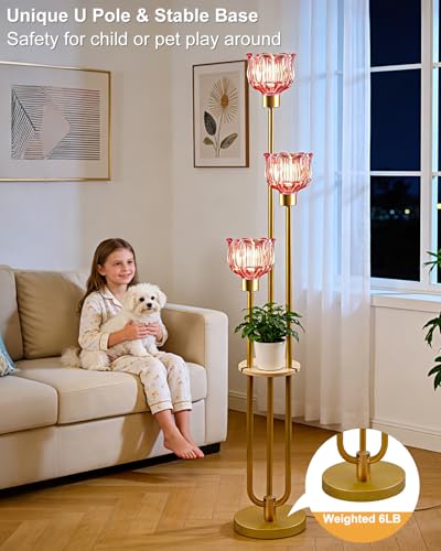 Image of Lightdot Glass Floor Lamp for Living Room 3-Lights Modern Gold Floor Lamp with Rose Red Glass Shade 3000K Bulbs Included Unique Standing Lamp with 5Lbs Heavy Base for Bedroom /Sofa Beside /Corner Decor