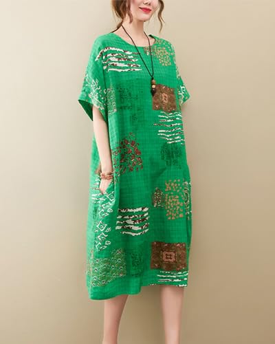 Image of LUZU JUNU Women's Summer Baggy Plus Size Loose Cotton Linen Long Boho Beach Dress with Pockets