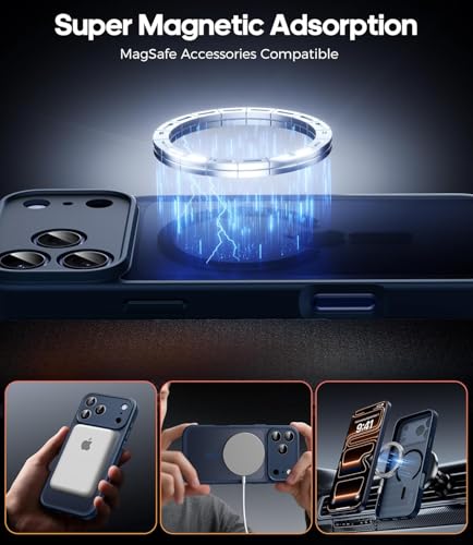 Image of Elzzi Magnetic Magsafe for iPhone 17 Pro Case (Compatible with MagSafe) Slim Translucent Matte Shockproof with Anti-Fingerprint Phone Case, Blue
