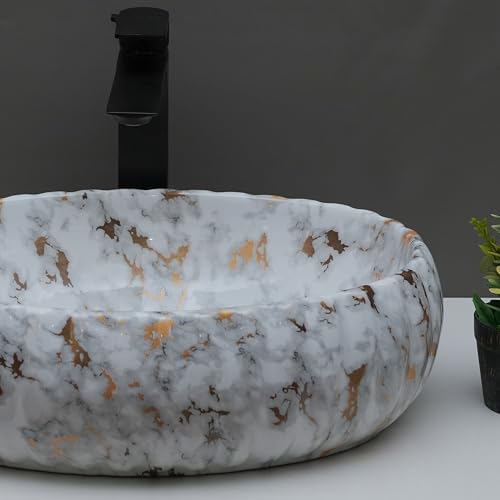 Image of Designer Glossy Finish Table Top Ceramic Wash Basin Vessel Sink | Collapsible Wash Basin (White-Gold - 20 x 14 x 5.5 Inch)