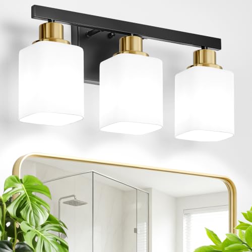 Image of Black and Gold Vanity Light,3-Light Bathroom Light Fixtures,17 inch | Modern Bathroom Light Fixtures with Square Frosted Glass,Wall Sconces Lighting fixtures Over Mirror Restroom, Living Room