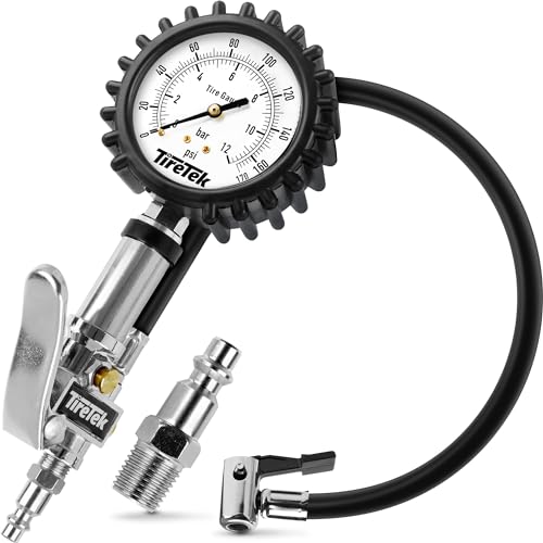 TIRETEK Tire Pressure Gauge for Cars (0-170 PSI, ANSI Certified) Professional Inflator with Secure Air Chuck, Tire Gauge for Pressure, Air Compressor Attachment Inflator Nozzle Low PSI Checker Tester