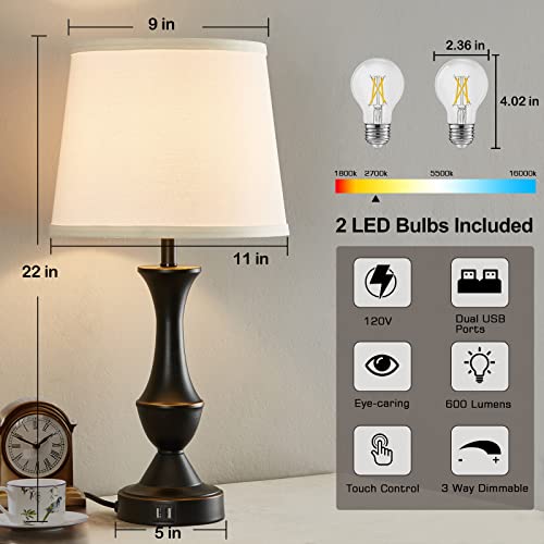 Image of Touch Table Lamps Set of 2, 22 inch Tall Bedside Lamps with USB C+A Ports | Dimmable Nightstand lamps, Table lamp for Bedrooms, Living Room, Office, Black Lamp with White Lampshade, Bulbs Included