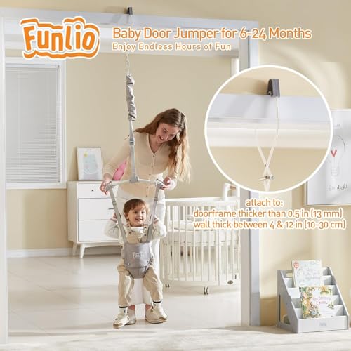 Image of FUNLIO 2 in 1 Baby Door Jumper with Door Clamp, Baby Walking Harness for 6-24 Months, Infant Jumper Doorway with Strong Spring & Adjustable Strap, Easy to Assemble & Store - Grey