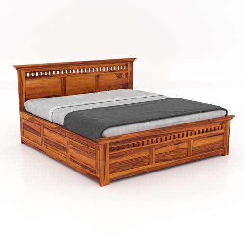 Image of Sheesham Wood Adolph King Size Bed with Box Storage for Bedroom Living Room Wooden Double Bed Palang (Honey Finish)