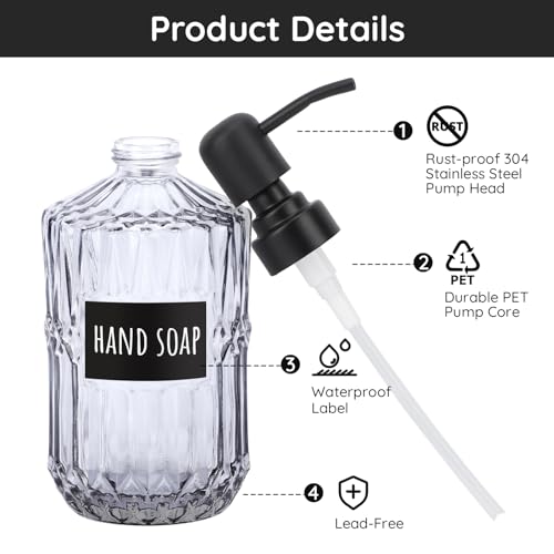 Image of Segbeauty Glass Soap Dispenser Refillable, 2 Pack 15.2oz Modern Farmhouse Decor Pump Bottles with Labels, 450ml Western Decor Hand Soap Dispenser Set Liquid Gel Container for Bathroom Kitchen Gray
