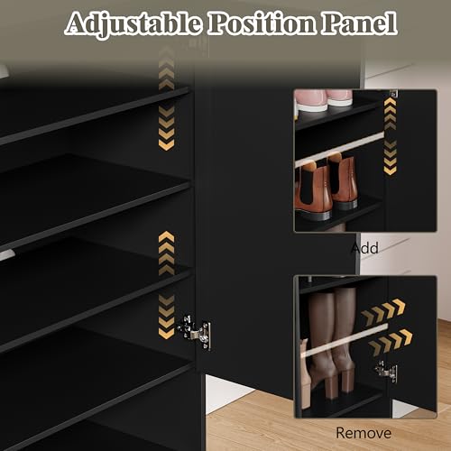 Image of Shoe Cabinet Storage for Entryway, 5 Tier Fluted Shoe Storage Cabinet with Wooden Legs, Narrow Hidden Shoe Organizer with Adjustable Shelves, Freestanding Shoe Rack for Entryway, Hallway, Black