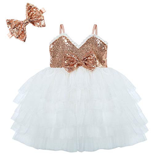 Cilucu Baby Girls Birthday Party Dress Toddlers Sparkly Flower Girl Dress Tutu Kids Princess Christening Dress Baby Kids Sleeveless Dress New Years Gift Rose Gold White Size 18-24 Months #TOP22