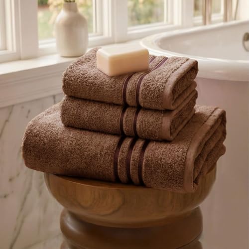 Image of MYTRIDENT Towel Set| Comfort Living | Quick Drying | Travel Friendly | for Men /Women | 3 PC Towel Set | 1 Bath (70 cm x 140 cm) 2 Hand (40 cm x 60 cm) | 100% Cotton 400 GSM - Coconut Shell