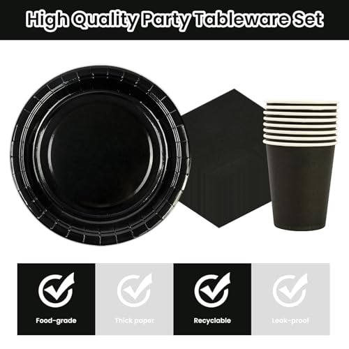 HiEnjoin 72 Stück Partygeschirr Set,Schwarz Papiergeschirr Set,Geburtstag Party Geschirr Becher Serviette Pappteller für Babypartys, Geburtstag, Weihnachten Geburtstagsparty Deko-24 Gäste