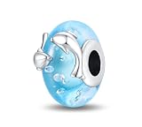 Abalorio opalescente de plata de ley 925 con cristal de Murano azul oscuro, tortuga, delfines, sirena, animal para pulsera Pandora, 4.55MM, Plata, Cristal