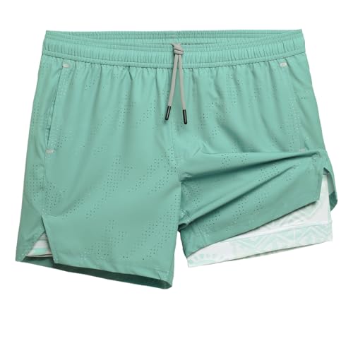 MaaMgic Pantalones cortos de correr 2 en 1 para hombre, con bolsillo para el móvil, secado rápido, pantalones cortos para correr de 5 pulgadas, con pantalones interiores, elásticos, para correr