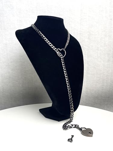 paloli Womens Slip Chain Necklace Heart O-Ring, Punk Rock Cuban Long Necklace Jewelry For Women, Adjustable Lariat Y-Necklace Heart Locker With Key4