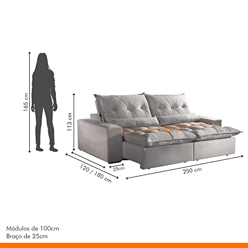 Sofá Retrátil e Reclinável 4 Lugares 250cm Avalon Super Pillow Montano Estofados Veludo Cinza