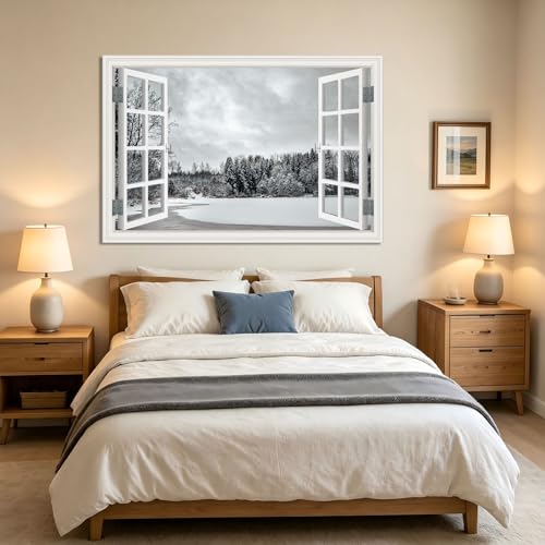 Toile fenêtre trompe-l'œil d'une forêt enneigée poétique et apaisante - 4