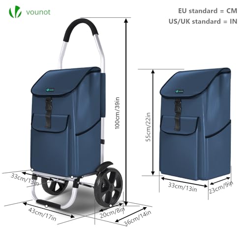 VOUNOT Einkaufstrolley Klappbar aus Aluminium mit 45L Wasserdichter Tasche, 2 Extra große Räder mit Schutzblech, Faltbarer Einkaufswagen, Treppensteiger Trolley, Marineblau – Bild 7