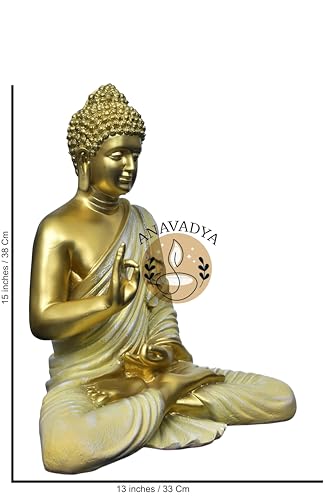 Image of Beautiful Sitting Buddha Idol Statue for Home & Garden Living Room | Healing Spirit Blessing Buddha Statue - 15 Inch Size (Golden + Cream)