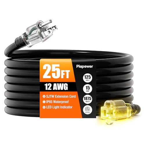 Outdoor Extension Cord 25 FT Waterproof 12/3 Gauge Heavy Duty 3 Prong Power Cord with Lighted Indicator End 15A 125V 1875W SJTW ETL Listed Great for Lawn/Garden/Home Black