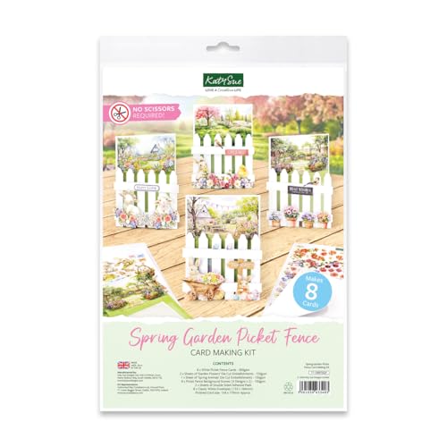 Katy Sue Spring Garden Picket Fence Card Making Kit. Contains 8 Shaped Cards, 3 Sheets of Die Cut Decoupage, Adhesive Foam Pads, Background Scenes, Instructions & 8 Envelopes for Card Making Supplies