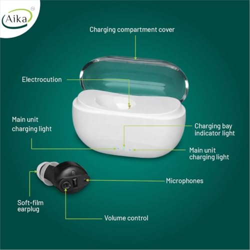 Image of Aika Mini Rechargeable CIC Digital Hearing Aid Sound Amplifier Machine for Old age with Auto Noise Cancellation, Clear Sound and Dry Kit (For Single Ear, Black, with Dry Kit and 1 Year Warranty)
