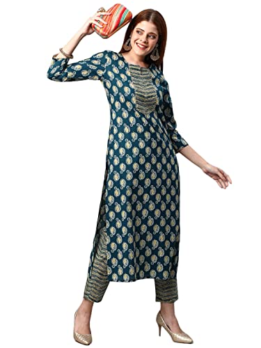 Image of ANNI DESIGNER Women's Cotton Blend Printed Straight Kurta With Pant
