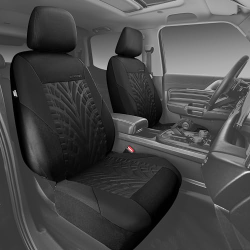 Image of CAR PASS Car Seat Covers Two Front Only for Car, 3D Tyre Print Automotive Interior Covers, Airbag Compatible, Quick Setup Universal Fit Seat Covers for Car, Truck, SUV(Black)