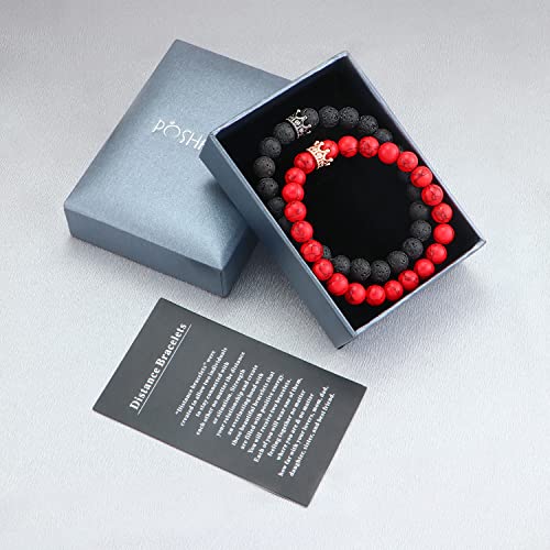 Poshfeel 8Mm Natural Stone Cz Micro Pave Crown King Queen Beads His And Hers Couple Bracelet, 7.5" (Black&Red-3) #TOP5