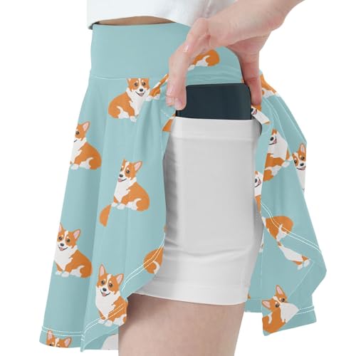 Girls Skorts with Built-in Shorts Cute Corgi Flowy Pleated Skirt for Kids with Pockets L2