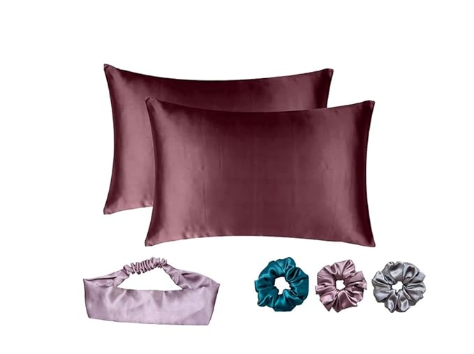 ARMOXA Satin Silk Pillow Cover for Hair and Skin 2 Piece with 3 Piece Satin Silk Scrunchies| 1 Silk Hair Band Free | Silk Pillow Covers with Envelope Closure(Grapewine)