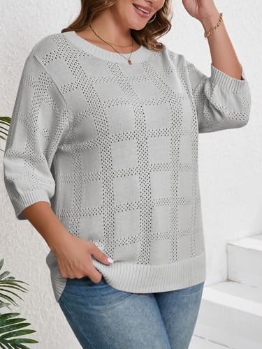 Beautife Womens Plus Size 3/4 Sleeve Tops Dressy Casual Crochet Knit Tunic Lightweight Sweaters3