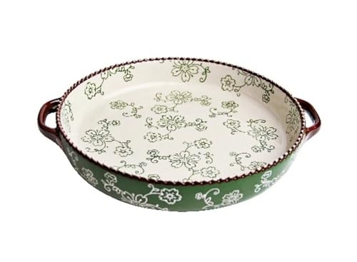 Livmorx ベーキングディッシュ おしゃれ バイノーラル ベーキングトレイピザトレイグラタン皿 スーププレート 和風 グラタン皿 セラミック ピザ焼き トレー ベーキングウェアサクラプレート ディッシュ ホーム 大きめ クリエイティブ (グリーン)