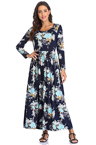 Image of Women's Long Sleeves Maxi Dress Plain Empire Waist Casual Dress Loose Fall /Winter Dresses with Pockets - 2XL