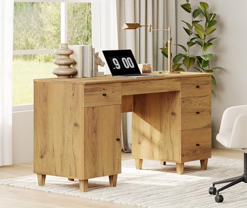 Image of WAMPAT 58 Inch Wood Desk with Drawers, Cabinet, Charging Station, Oak Brown | Modern Executive Desk with Keyboard Storage Drawer, Home Office Large Wooden Computer Desk, Work & Study Writing Desk