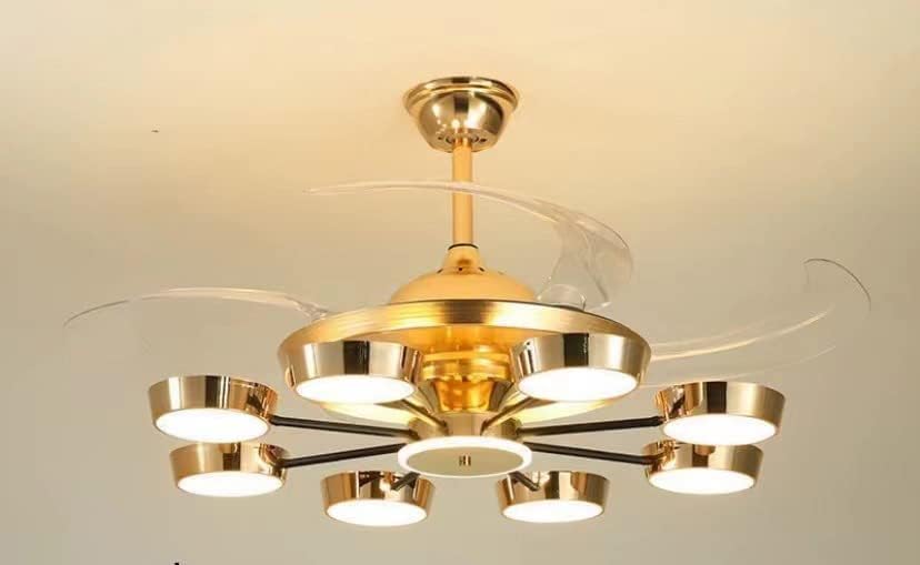Image of Glowave 8 Lights Rings Chandelier Fan Gold 4 Retractable Blades Remote Control - Tricolour | Warm White, White, Natural White | T-8209 (8 Lights)