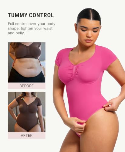 Image of FeelinGirl Short Sleeve Shapewear Bodysuit for Women V Neck Tummy Control | Sweetheart Neckline, Seamless, Going Out Tops, Thong, Plus Size, Soft