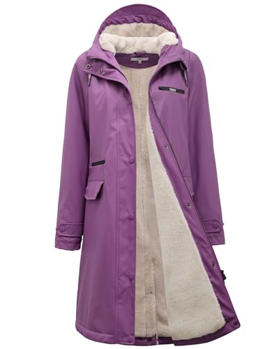 Regenmantel damen gefüttert mit Teddy-Fleece Regenjacke damen wasserdicht mit Kunstfell warm Friesennerz lang PU Windbreaker Regenparka für Winter,Lila,44