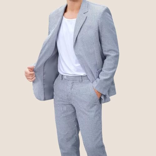 Men's 2 Piece Suit Seersucker Grooms Wedding Formal Business Suit for Mens Summer Casual Slim Fit Striped Suits Blazer Pants3